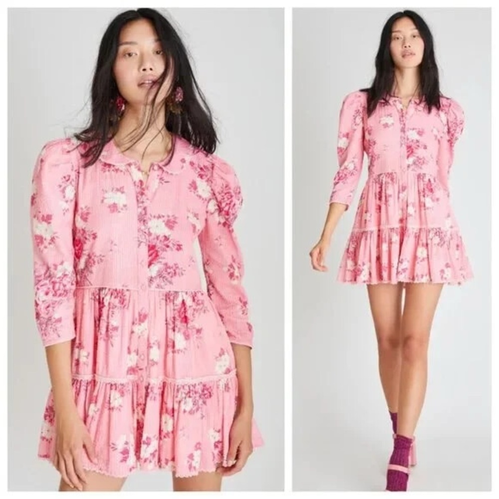 LoveShackFancy Marzia Pink Floral Babydoll Dress $358 Small